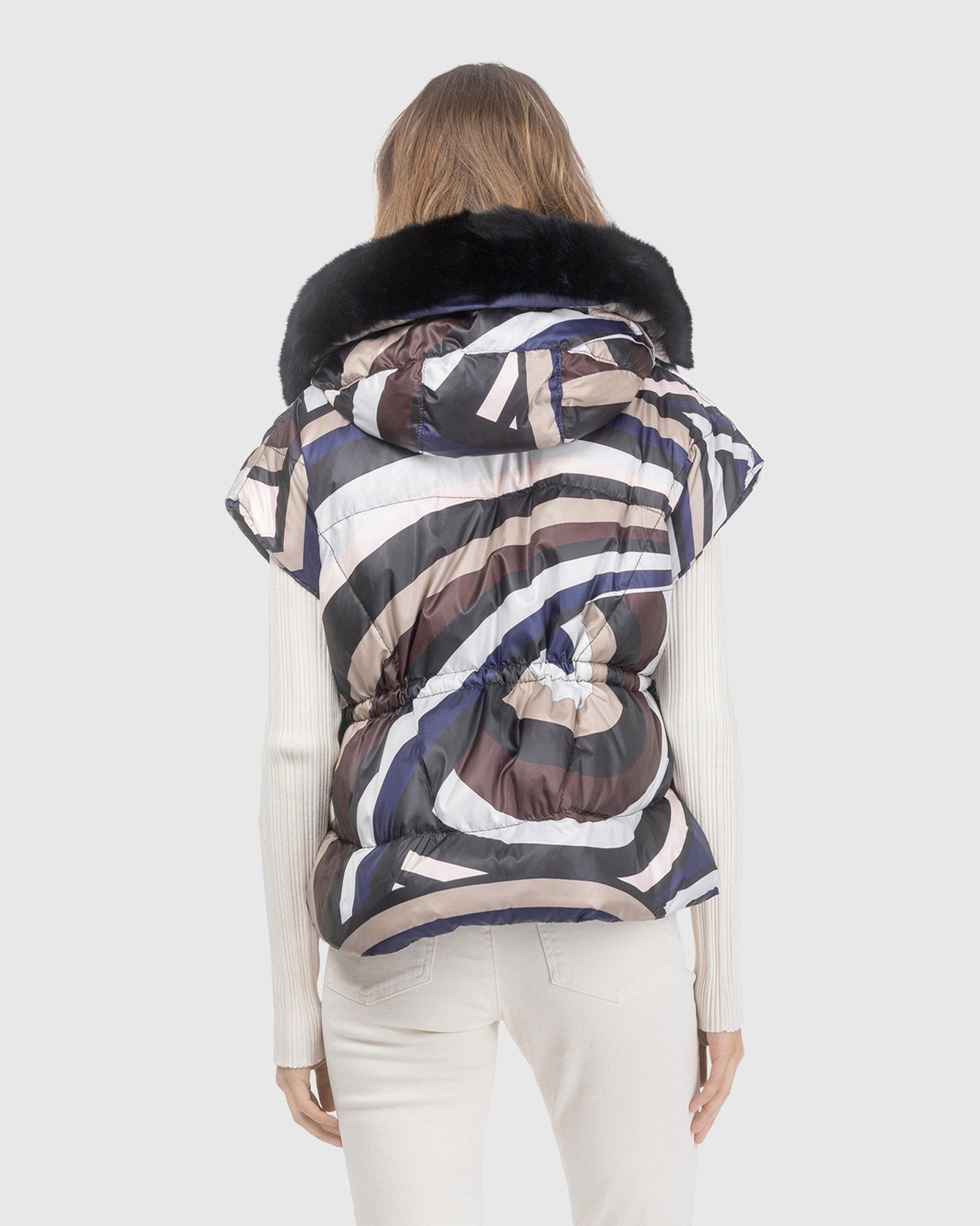 Après-Ski Vest With Detachable Toscana Lamb Hood Trim | Navy/Brown Swirl/Black
