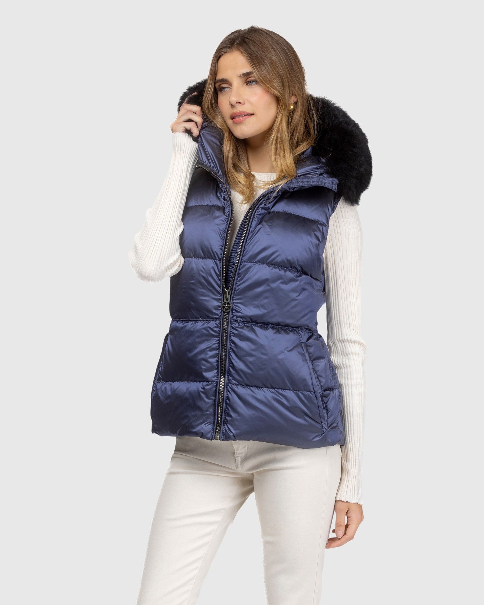 Après-Ski Vest With Detachable Toscana Lamb Hood Trim | Ocean Blue/Black (V2)