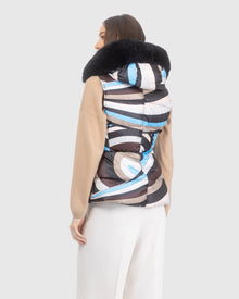 Après-Ski Vest With Detachable Toscana Lamb Hood Trim | Sky/Brown Swirl/Black