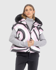 Après-Ski Vest With Detachable Toscana Lamb Hood Trim | Pink Swirl/Black