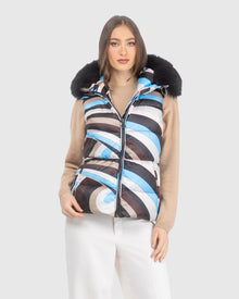 Après-Ski Vest With Detachable Toscana Lamb Hood Trim | Sky/Brown Swirl/Black