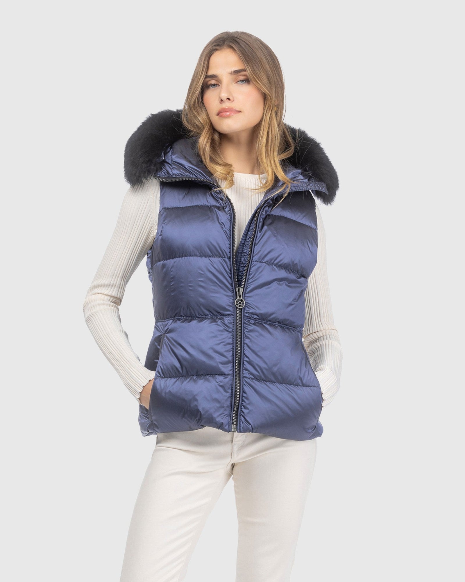 Après-Ski Vest With Detachable Toscana Lamb Hood Trim | Ocean Blue/Black (V2)