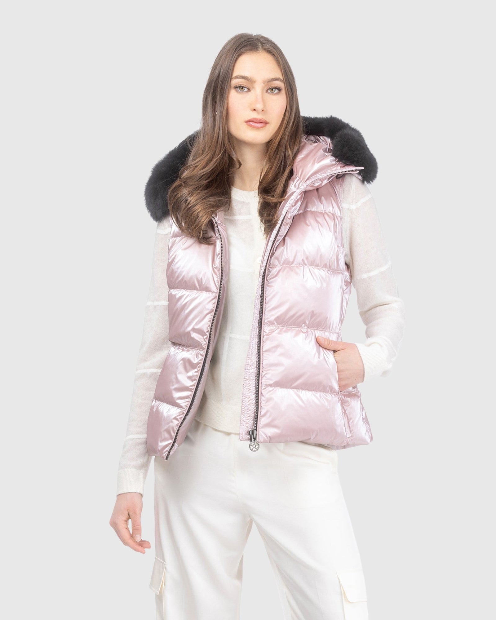 Après-Ski Vest With Detachable Toscana Lamb Hood Trim | Pink/Black