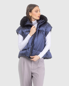 Après-Ski Vest With Detachable Toscana Lamb Hood Trim | Ocean Blue/Black (V1)
