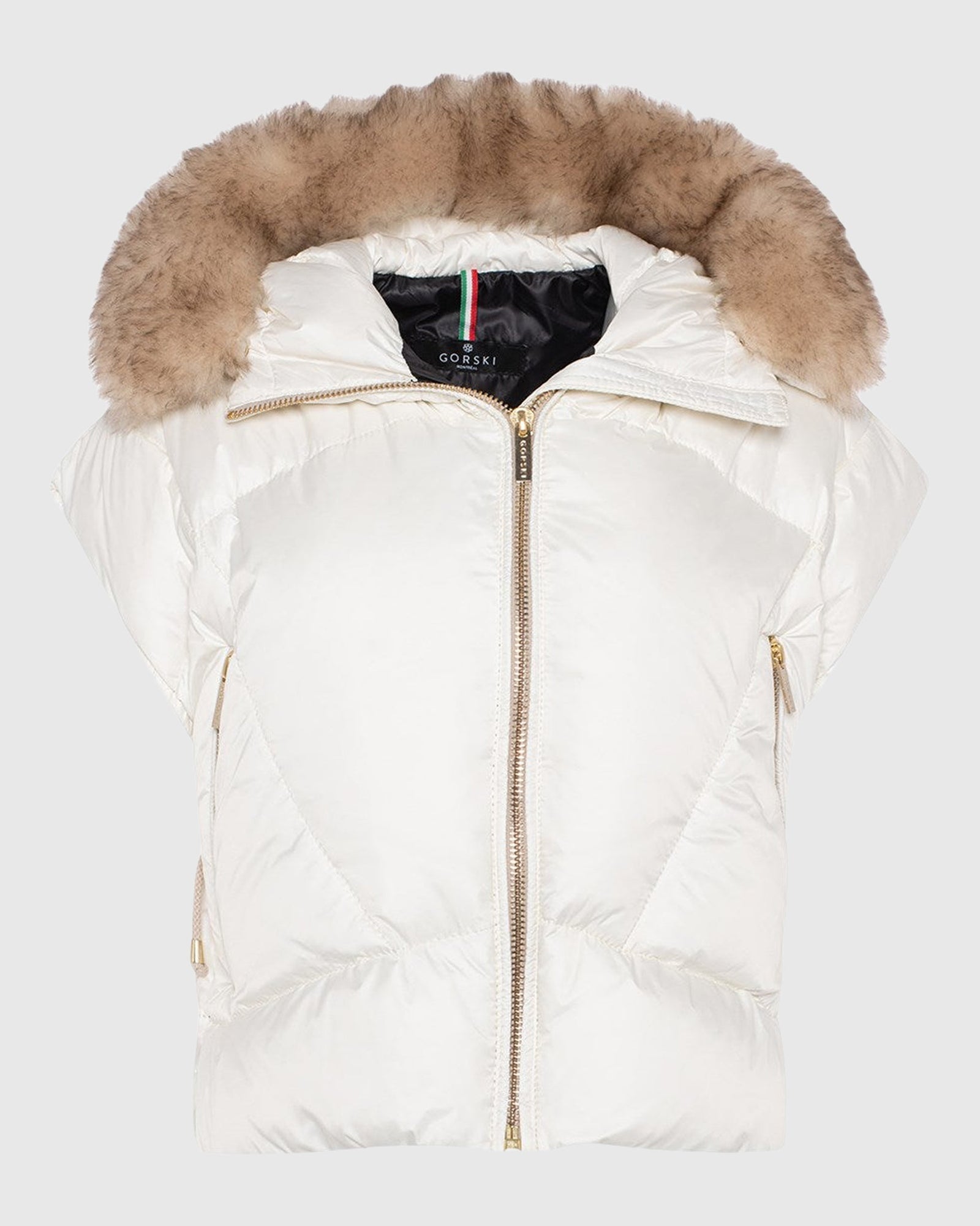 Après-Ski Vest With Detachable Toscana Shearling Lamb Hood Trim | Ivory/Whiskey