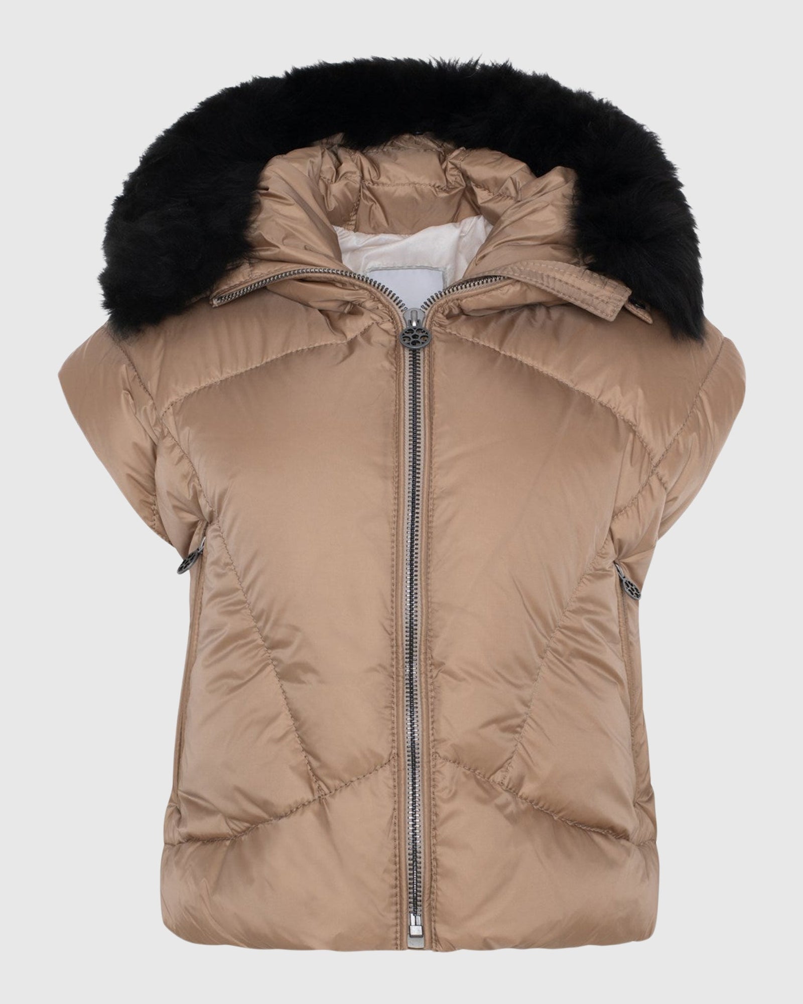 Après-Ski Vest With Detachable Toscana Shearling Lamb Hood Trim | Camel/Black (V1)
