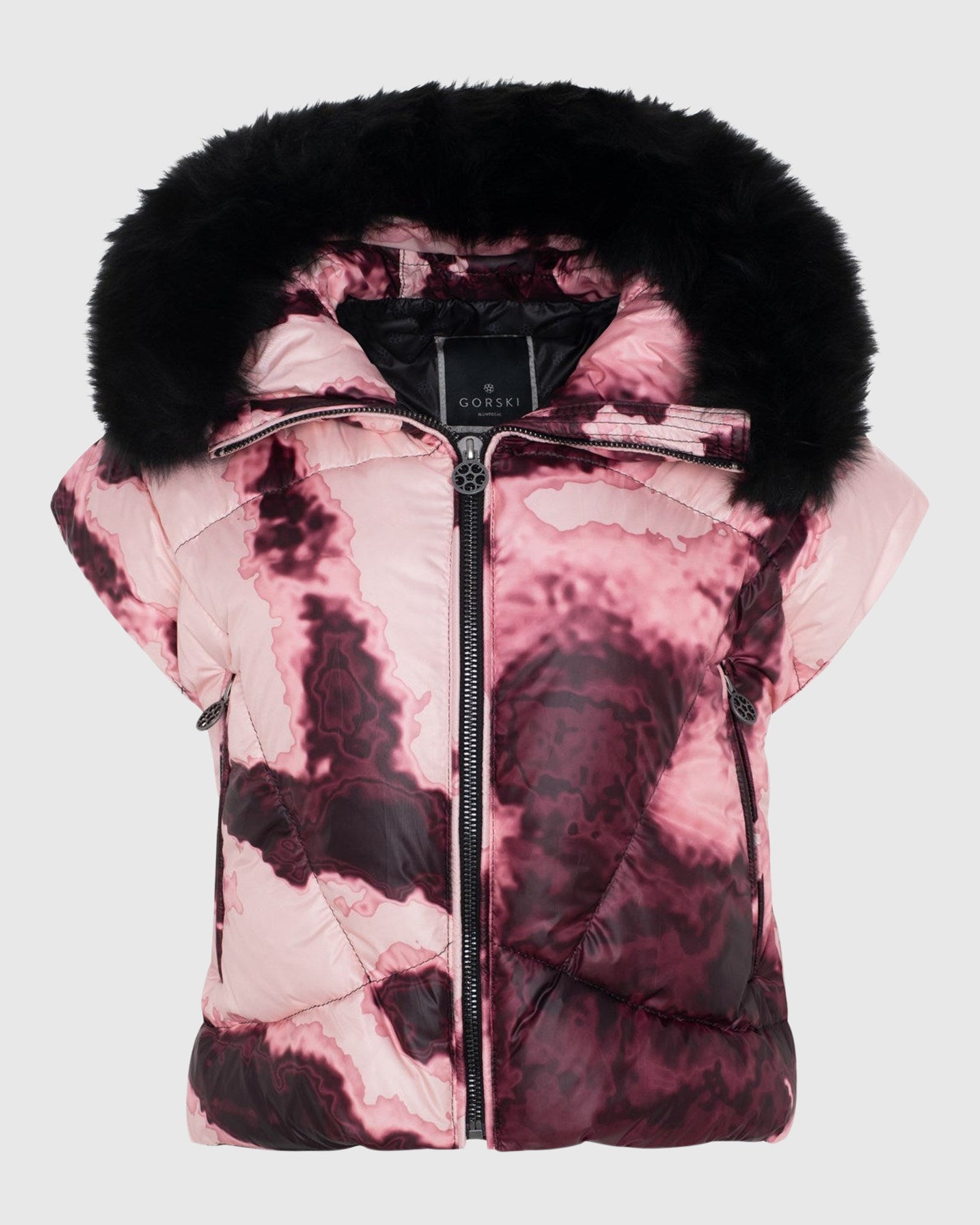 Après-Ski Vest With Detachable Toscana Shearling Lamb Hood Trim | Burgundy Abstract/Black (V2)