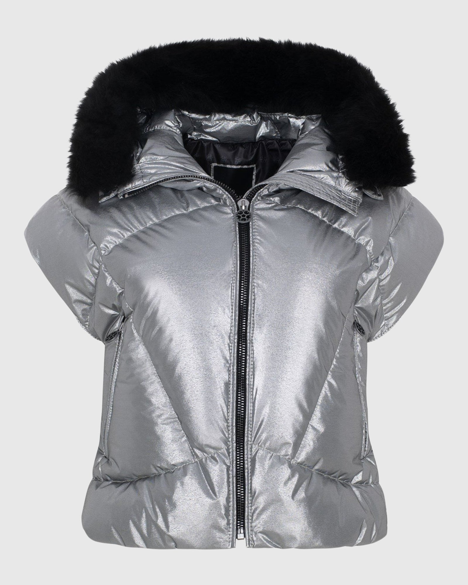 Après-Ski Vest With Detachable Toscana Shearling Lamb Hood Trim | Silver/Black (V1)
