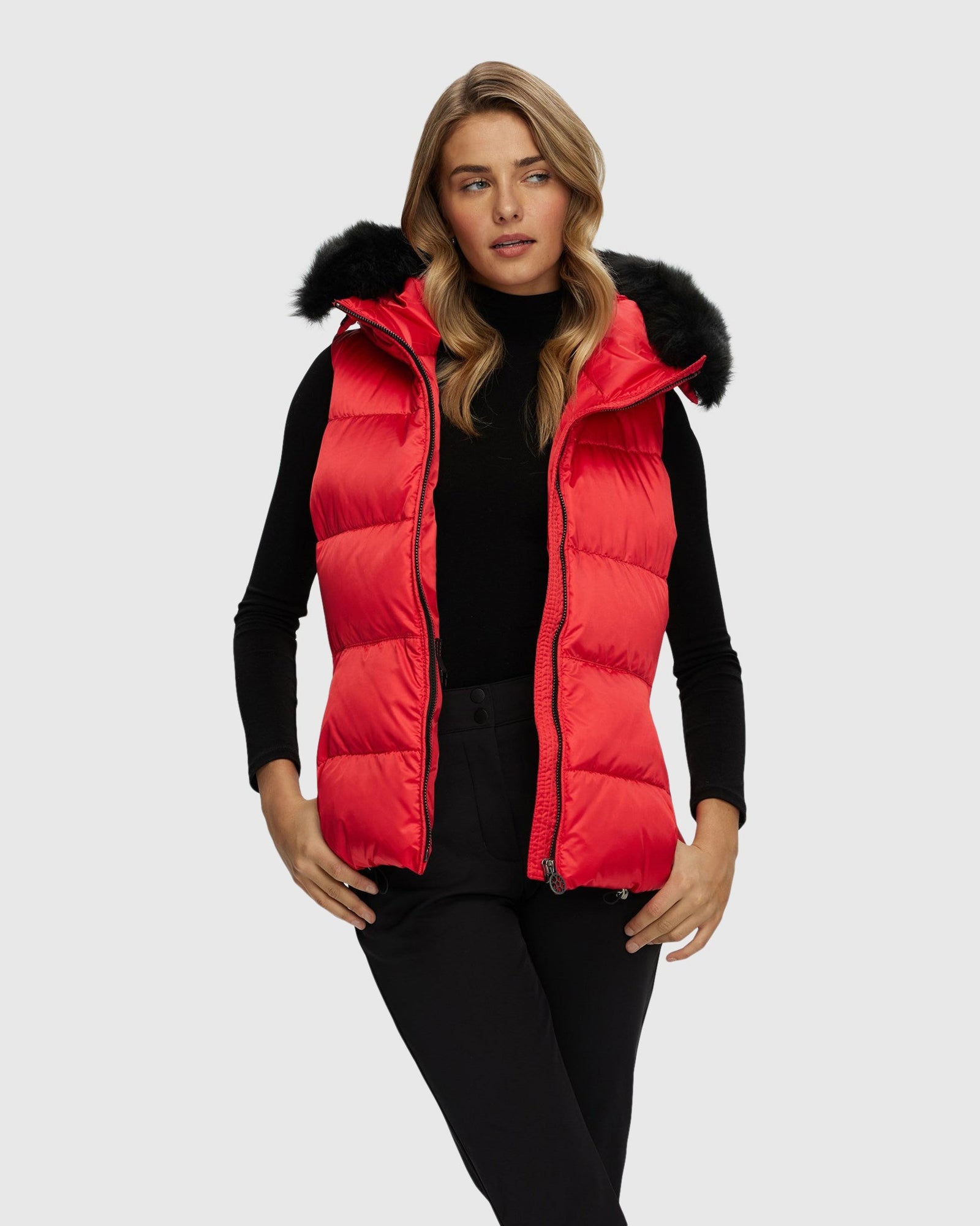 Après-Ski Vest With Detachable Toscana Shearling Lamb Hood Trim | Red/Black