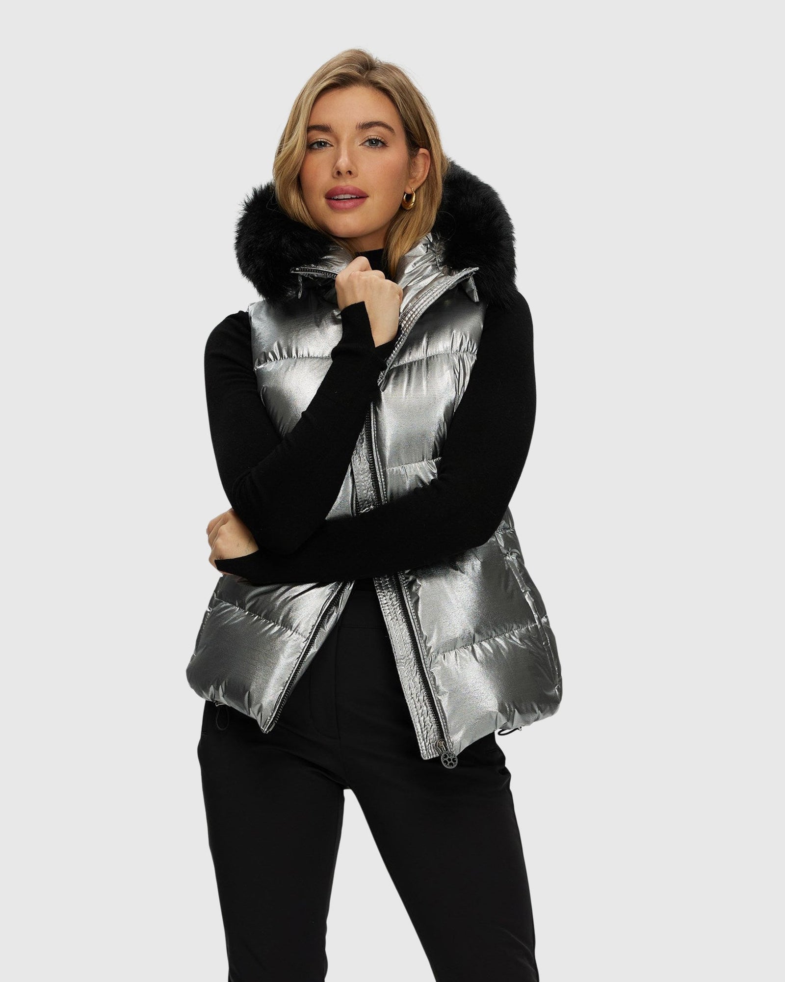 Après-Ski Vest With Detachable Toscana Shearling Lamb Hood Trim | Silver/Black (V2)