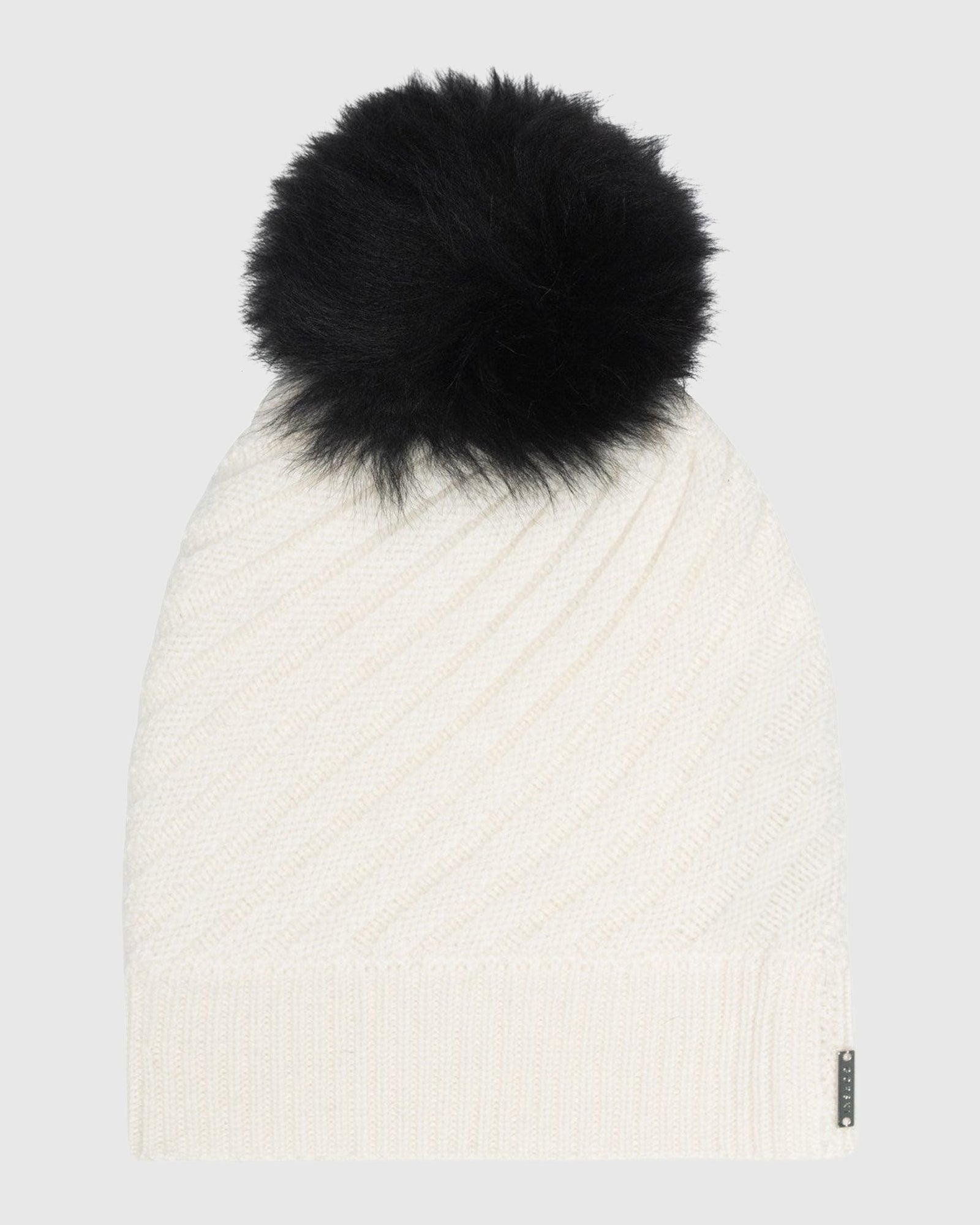 Cable Knit Select Cashmere Hat With Select Lamb Pom | Ivory/Black