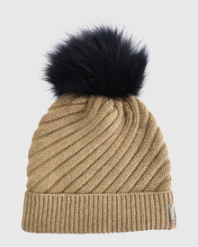 Cable Knit Select Cashmere Hat With Select Lamb Pom | Camel/Black