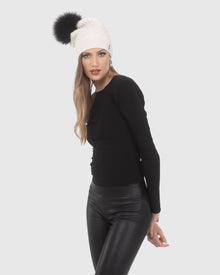 Cable Knit Select Cashmere Hat With Select Lamb Pom | Ivory/Black