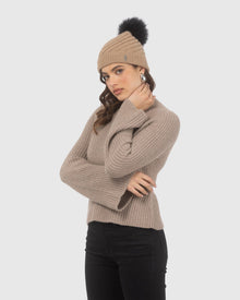 Cable Knit Select Cashmere Hat With Select Lamb Pom | Camel/Black