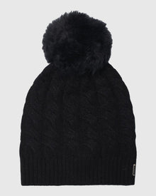 Cable Knit Select Cashmere Hat With Toscana Shearling Lamb Pompom | Black/Black