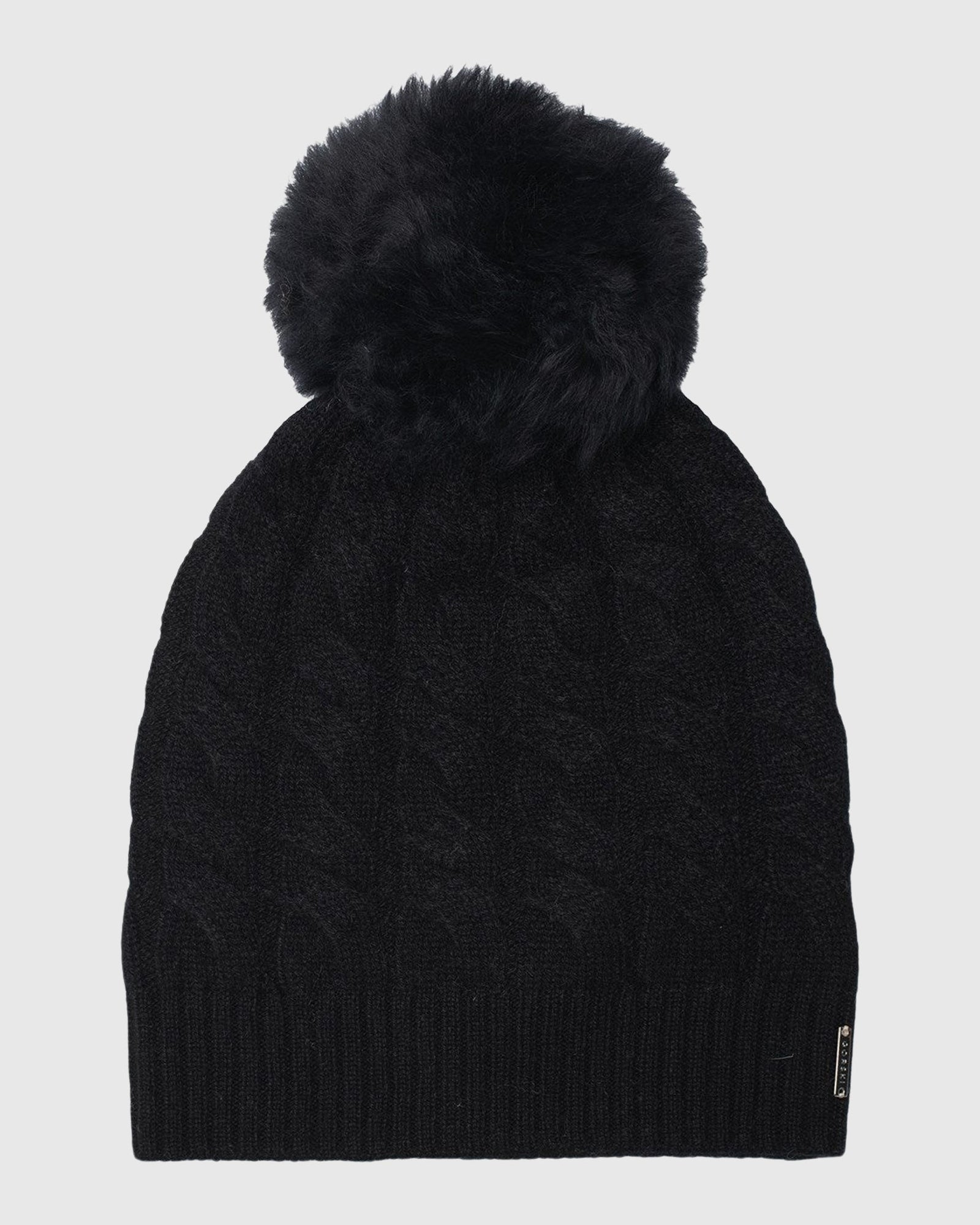 Cable Knit Select Cashmere Hat With Toscana Shearling Lamb Pompom | Black/Black