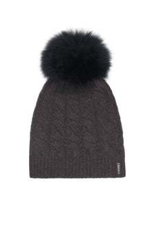 Cashmere Cable Knit Hat With Select Lamb Pompom | Women | Brown x Black