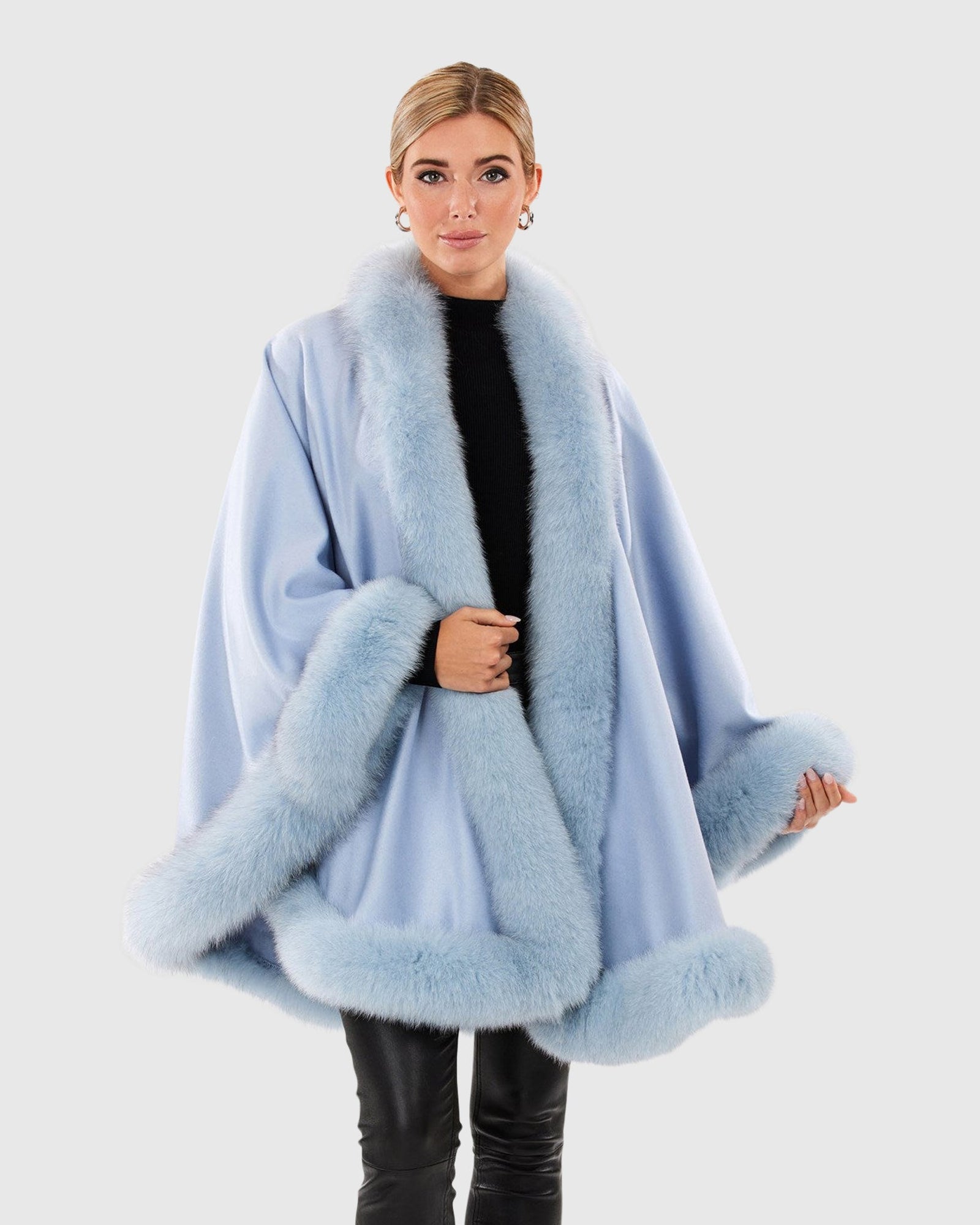 Cashmere Cape with Fox Trim | Light Blue