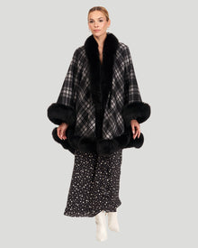Cashmere Cape with Fox Trim | Black Checker