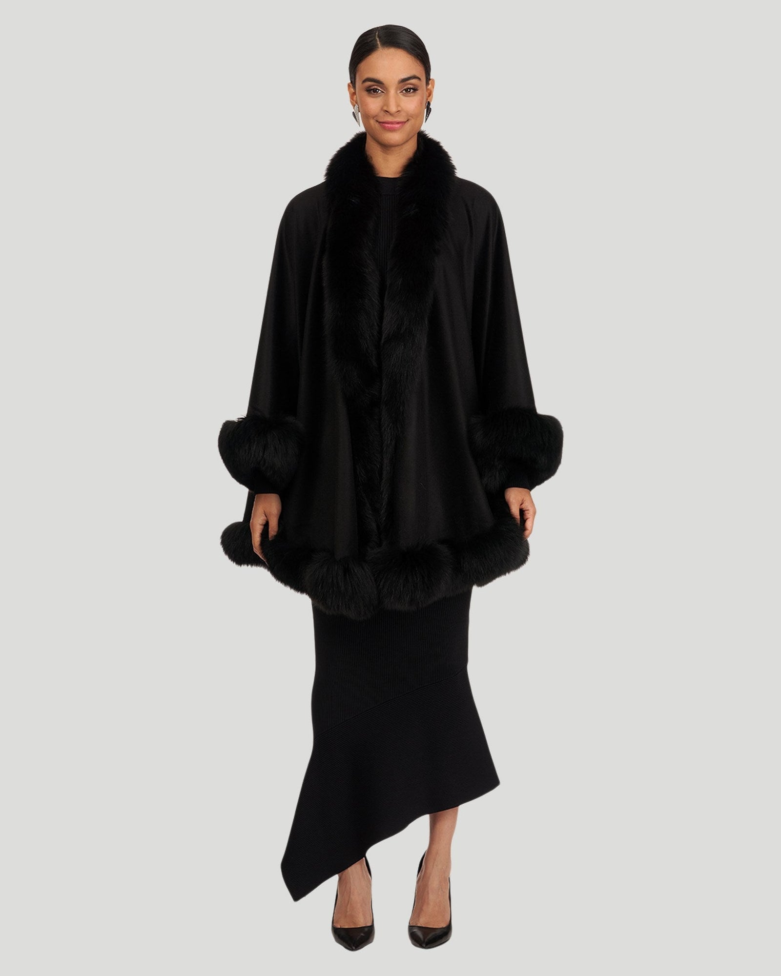 Cashmere Cape with Fox Trim | Black