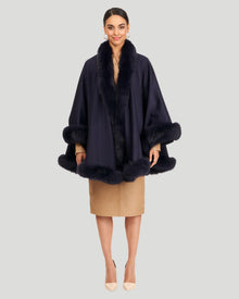 Cashmere Cape With Fox Trim | Women | Navy