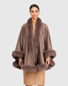 Cashmere Cape with Fox Trim | Khaki Taupe