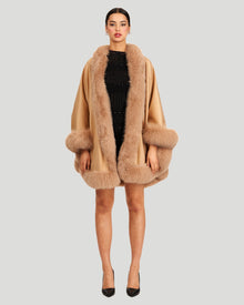 Cashmere Cape with Fox Trim | Light Camel