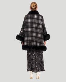 Cashmere Cape with Fox Trim | Black Checker