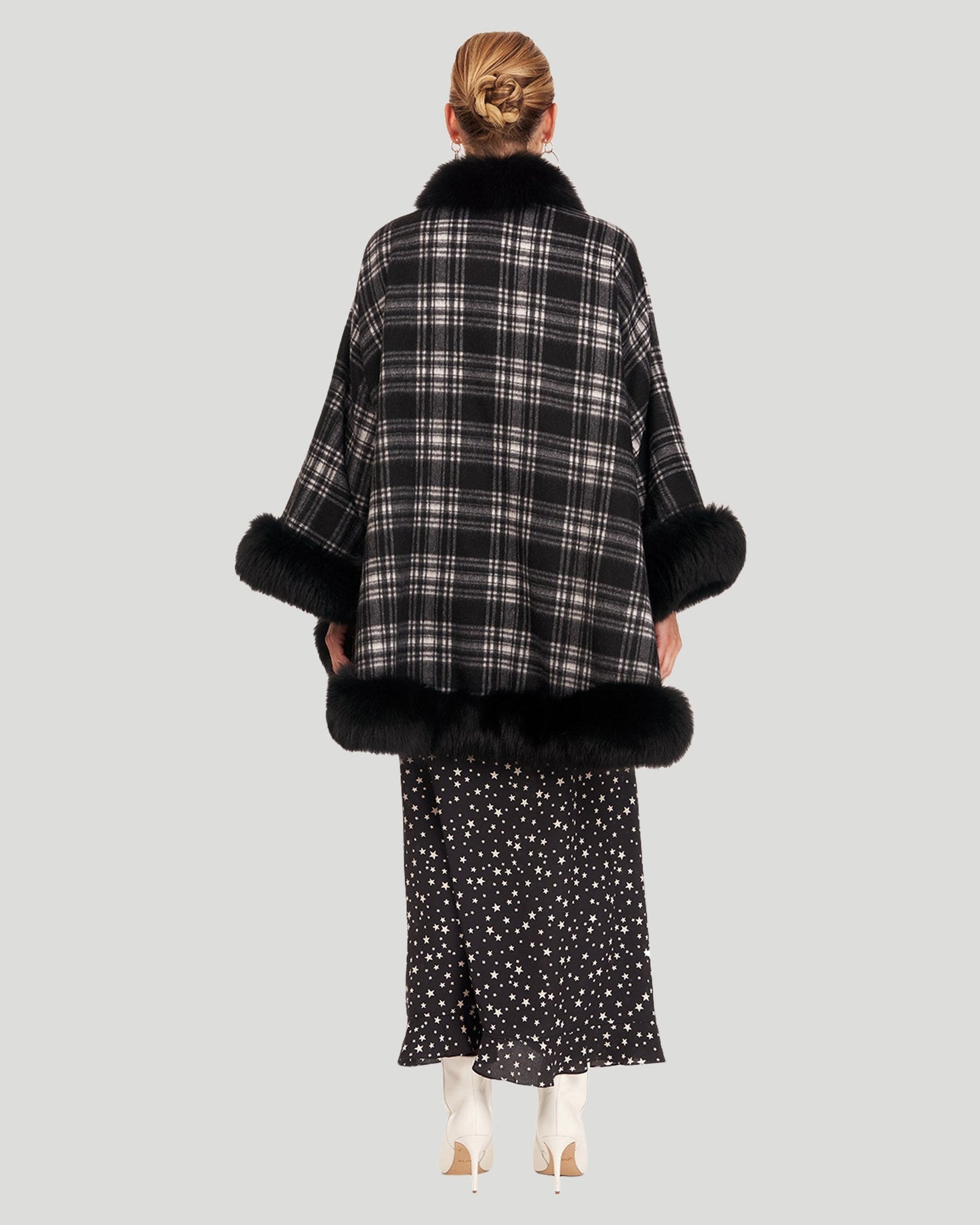 Cashmere Cape with Fox Trim | Black Checker