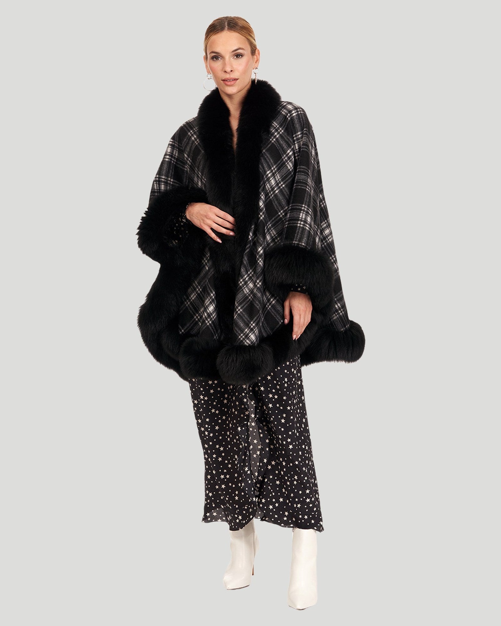 Cashmere Cape with Fox Trim | Black Checker