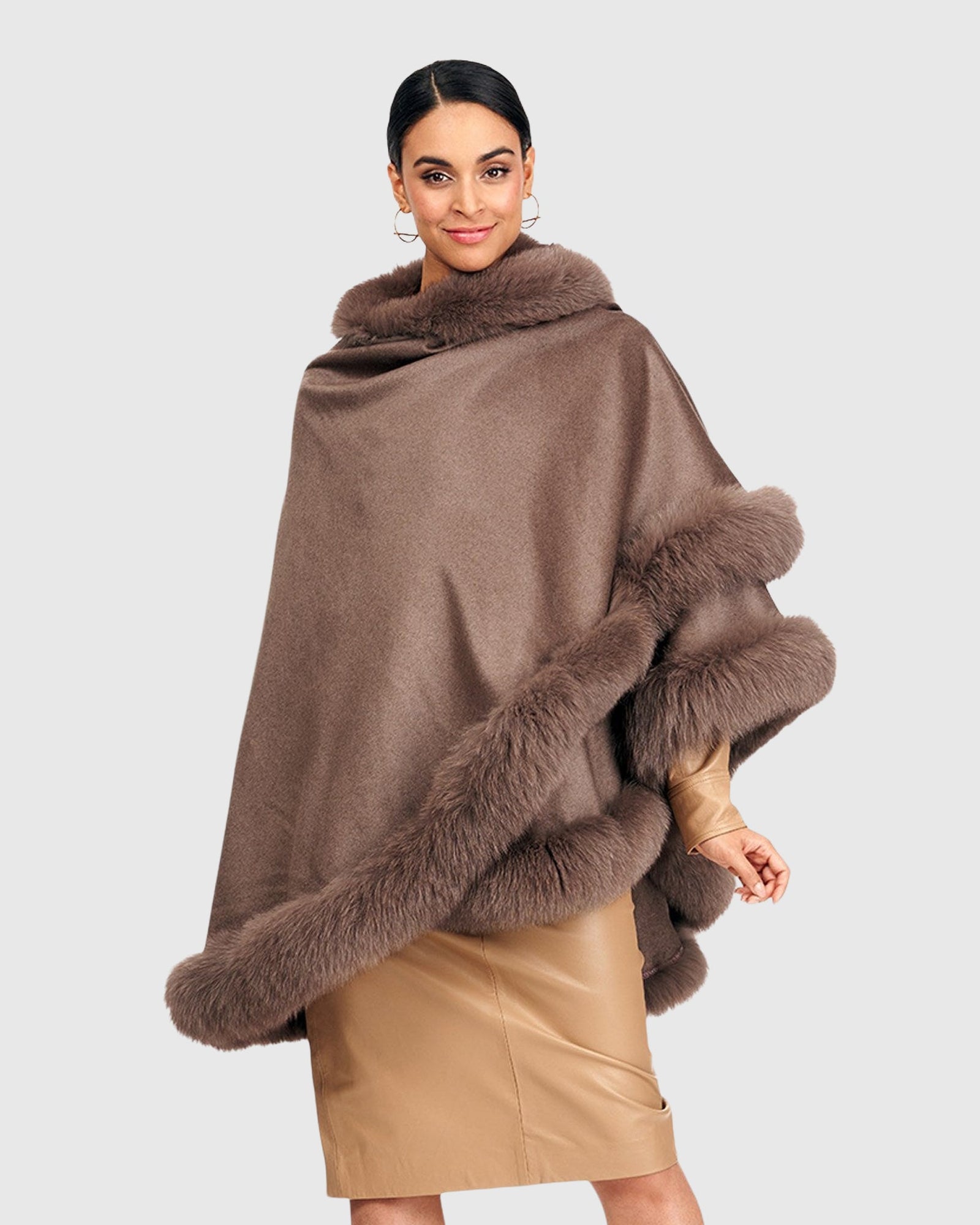 Cashmere Cape with Fox Trim | Khaki Taupe