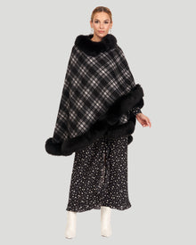 Cashmere Cape with Fox Trim | Black Checker