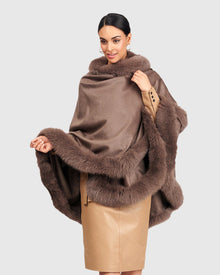 Cashmere Cape with Fox Trim | Khaki Taupe