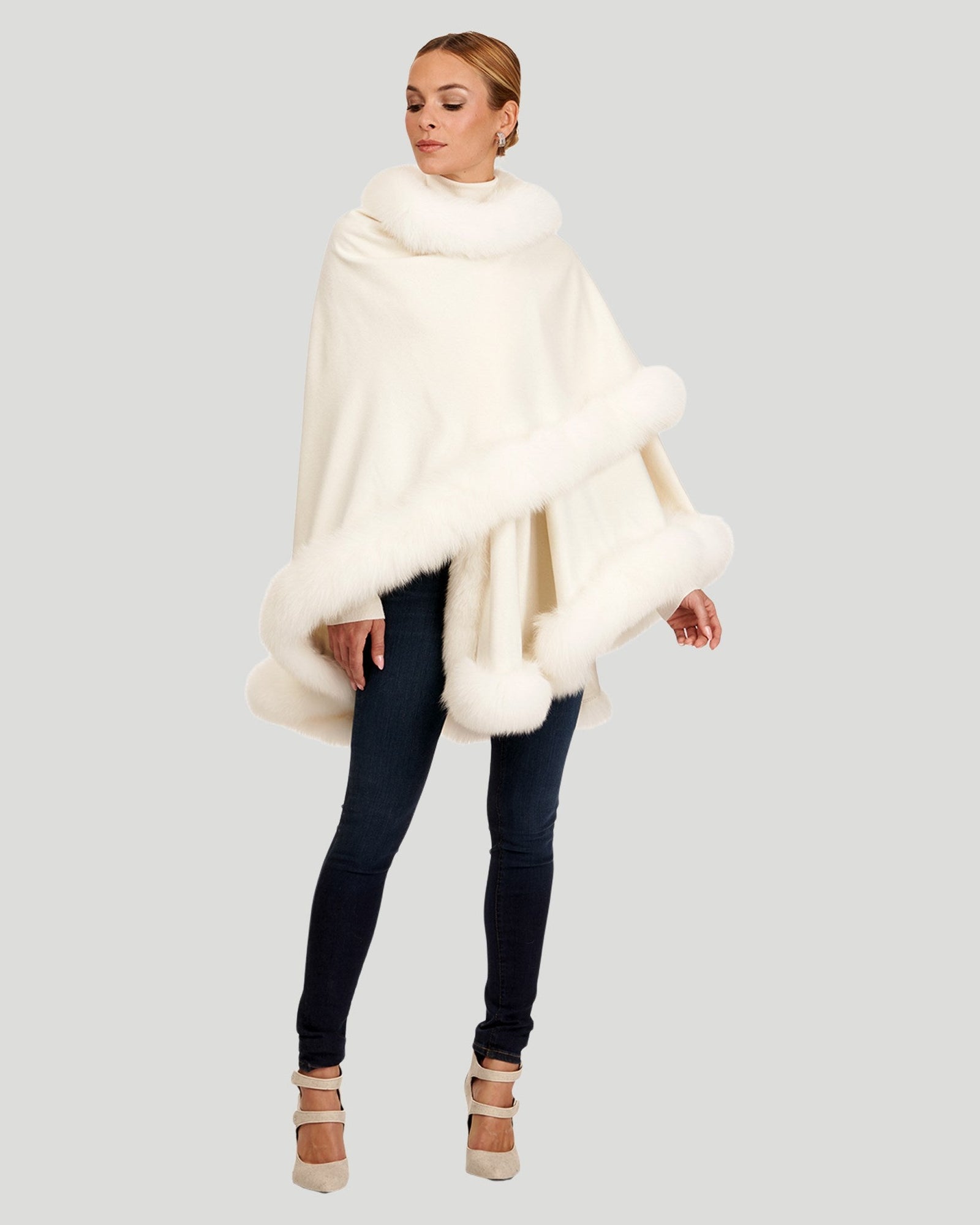 Cashmere Cape with Shadow Fox Trim | Ivory