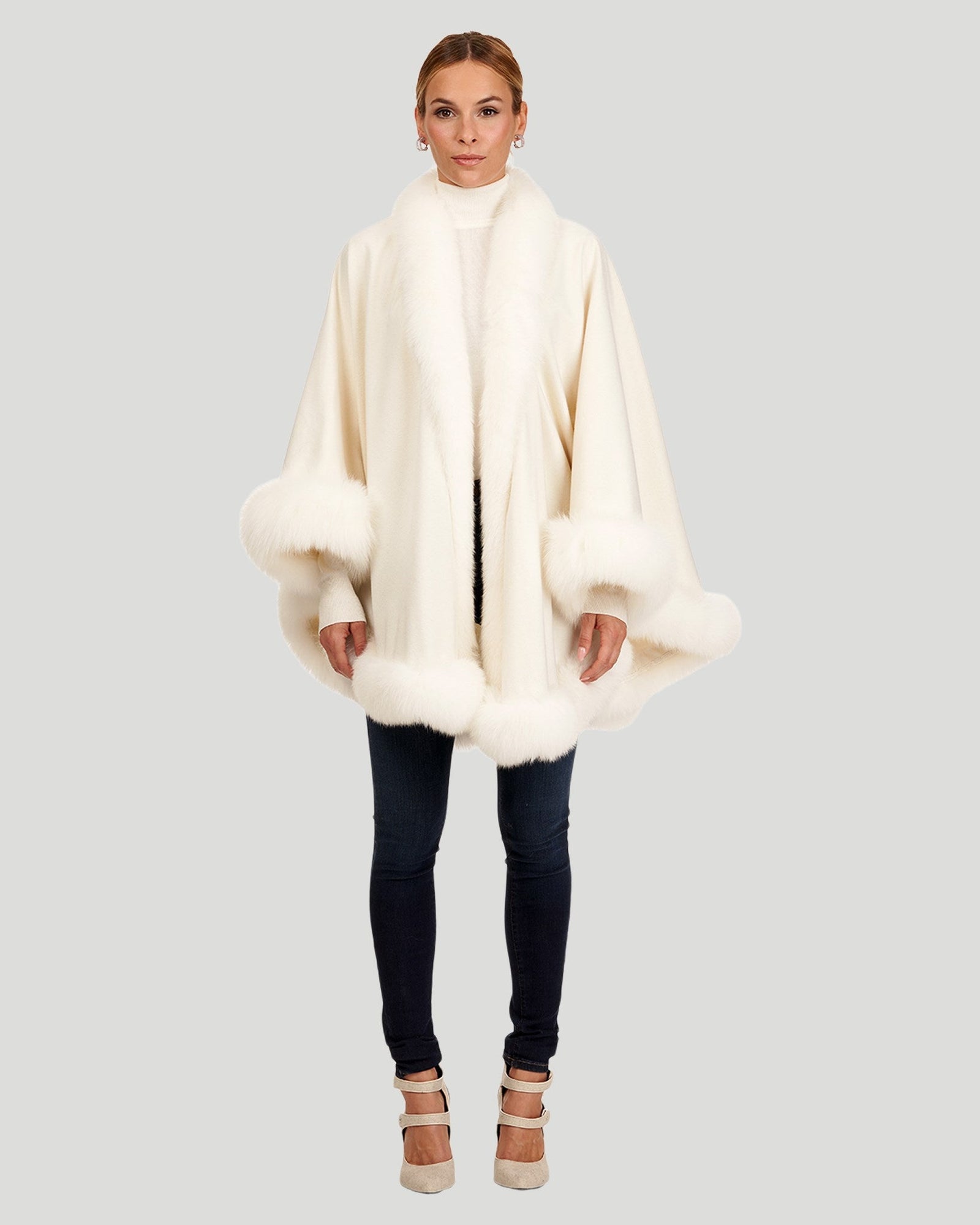 Cashmere Cape with Shadow Fox Trim | Ivory