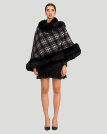 Cashmere Capelet With Fox Trim | Women | Black Checker