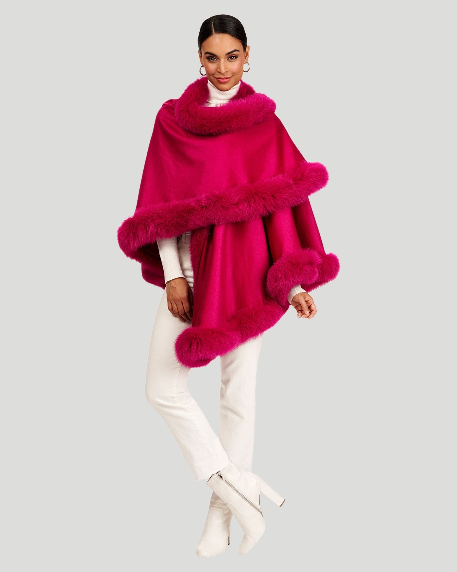 Cashmere Capelet With Fox Trim | Magenta