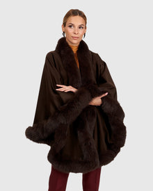 Cashmere Capelet With Fox Trim | Dark Brown