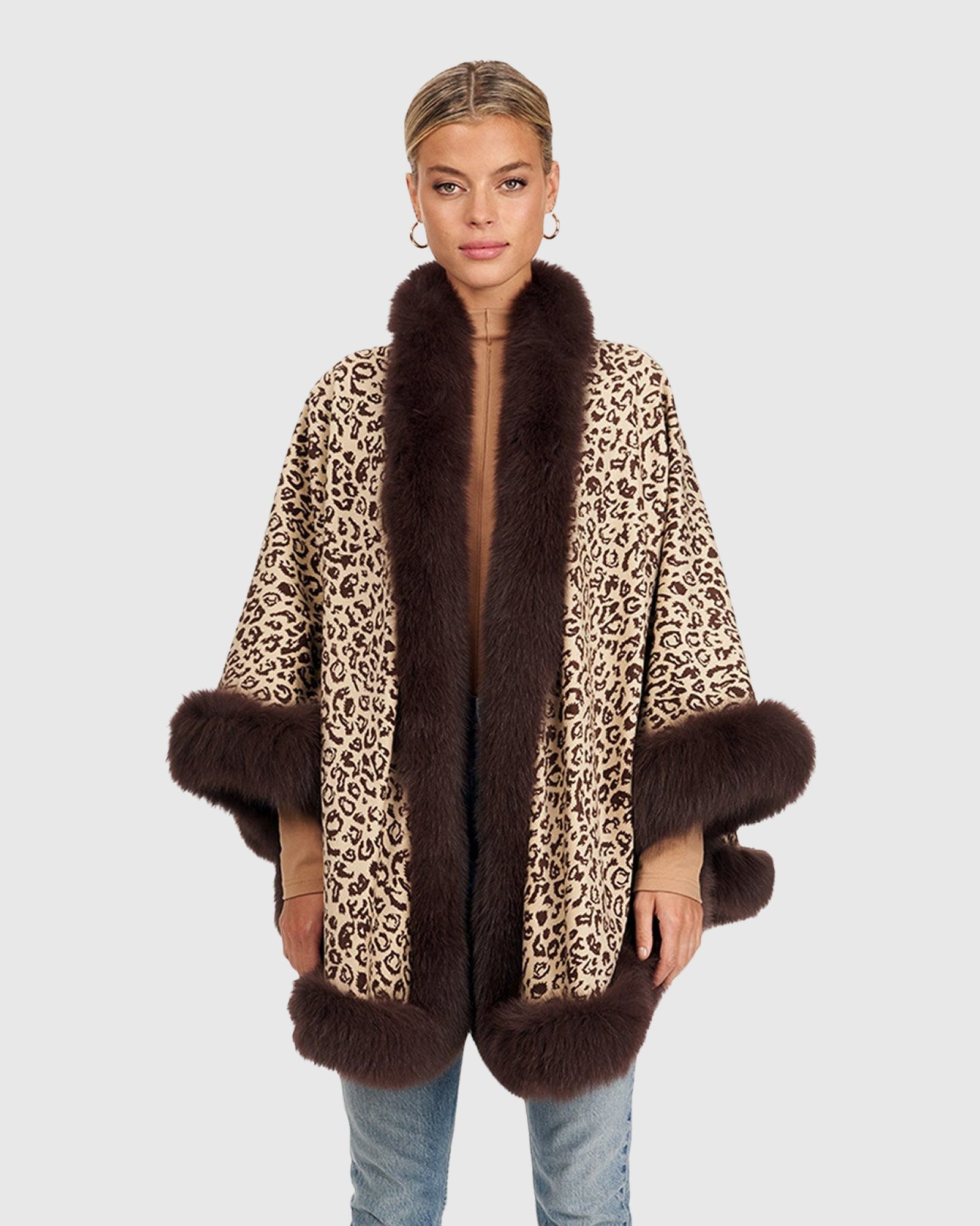 Cashmere Capelet With Fox Trim | Brown Animal Print