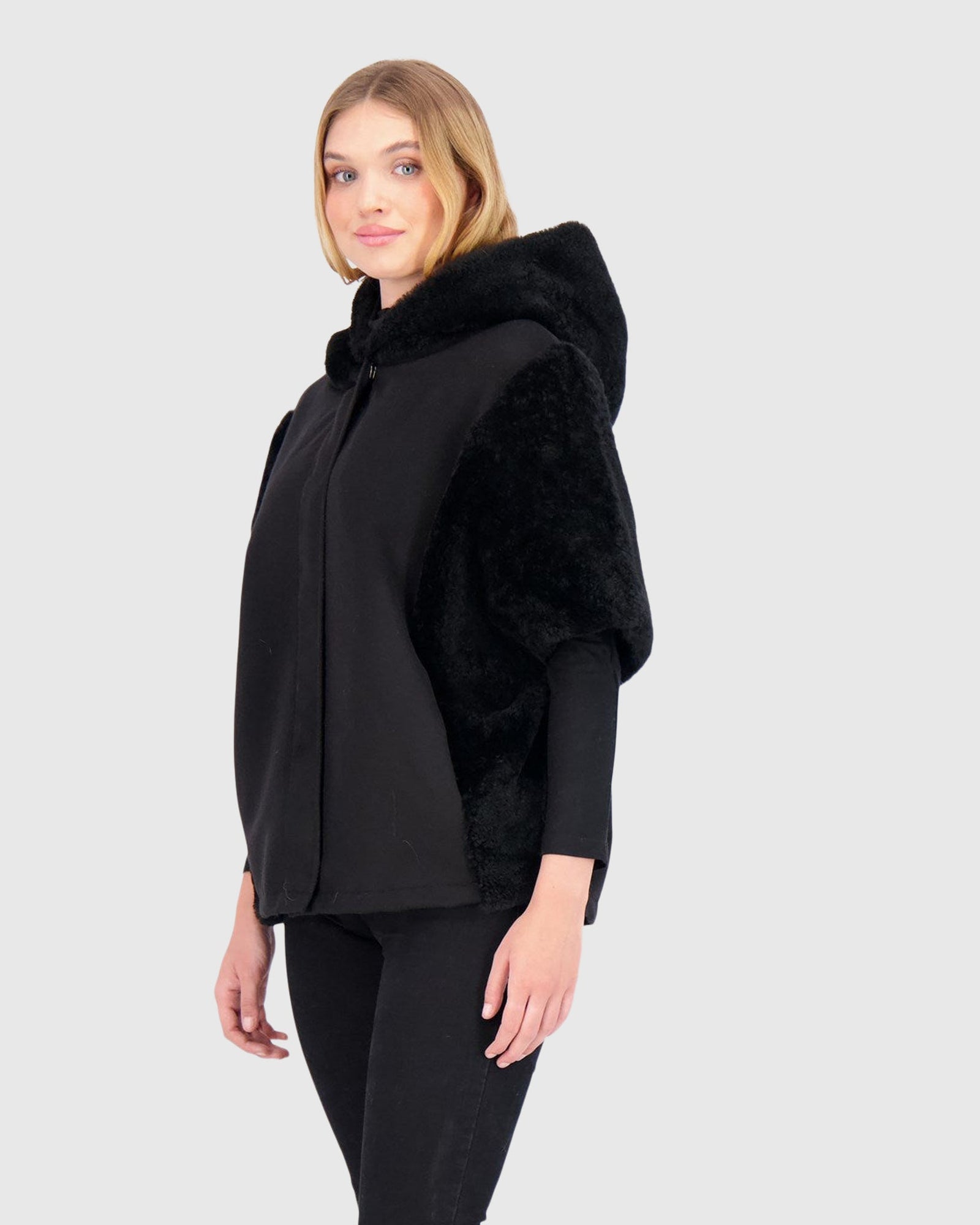 Cashmere Jacket With Sheared Select Cashmere Goat Trim And Short Sleeves | Black