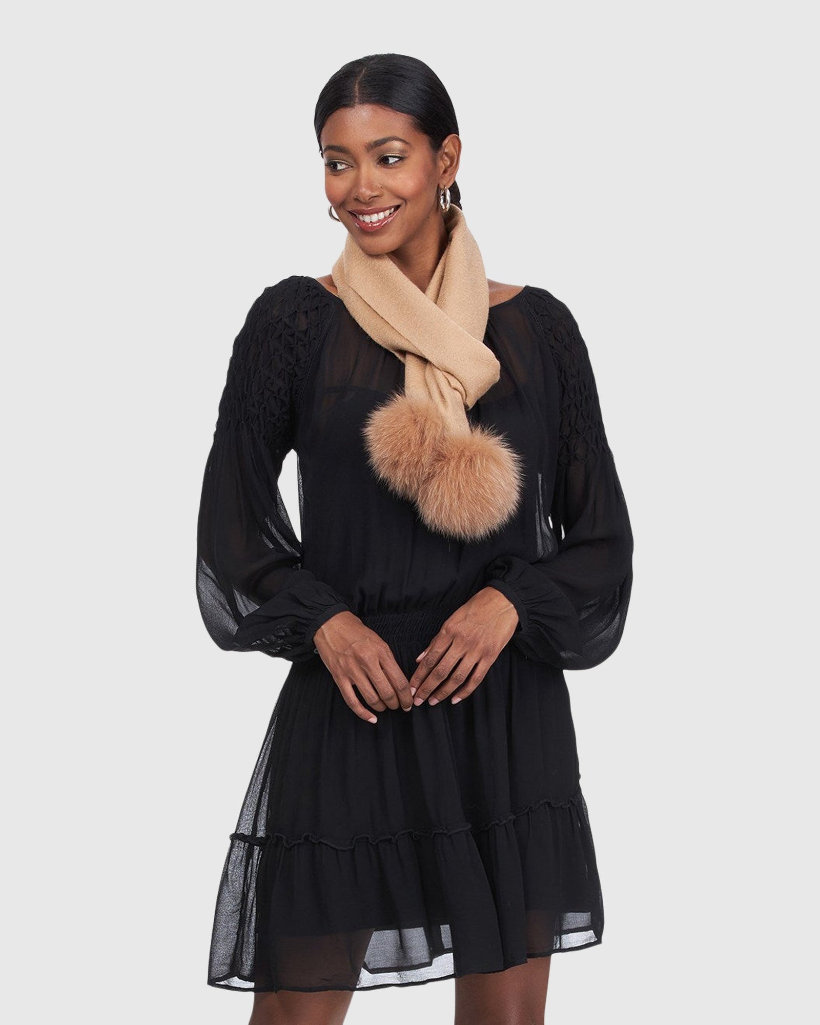 Cashmere Scarf With Fox Pompom | Light Camel