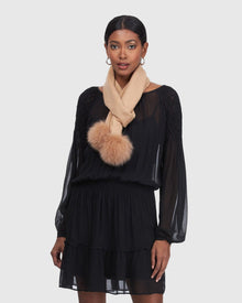 Cashmere Scarf With Fox Pompom | Light Camel
