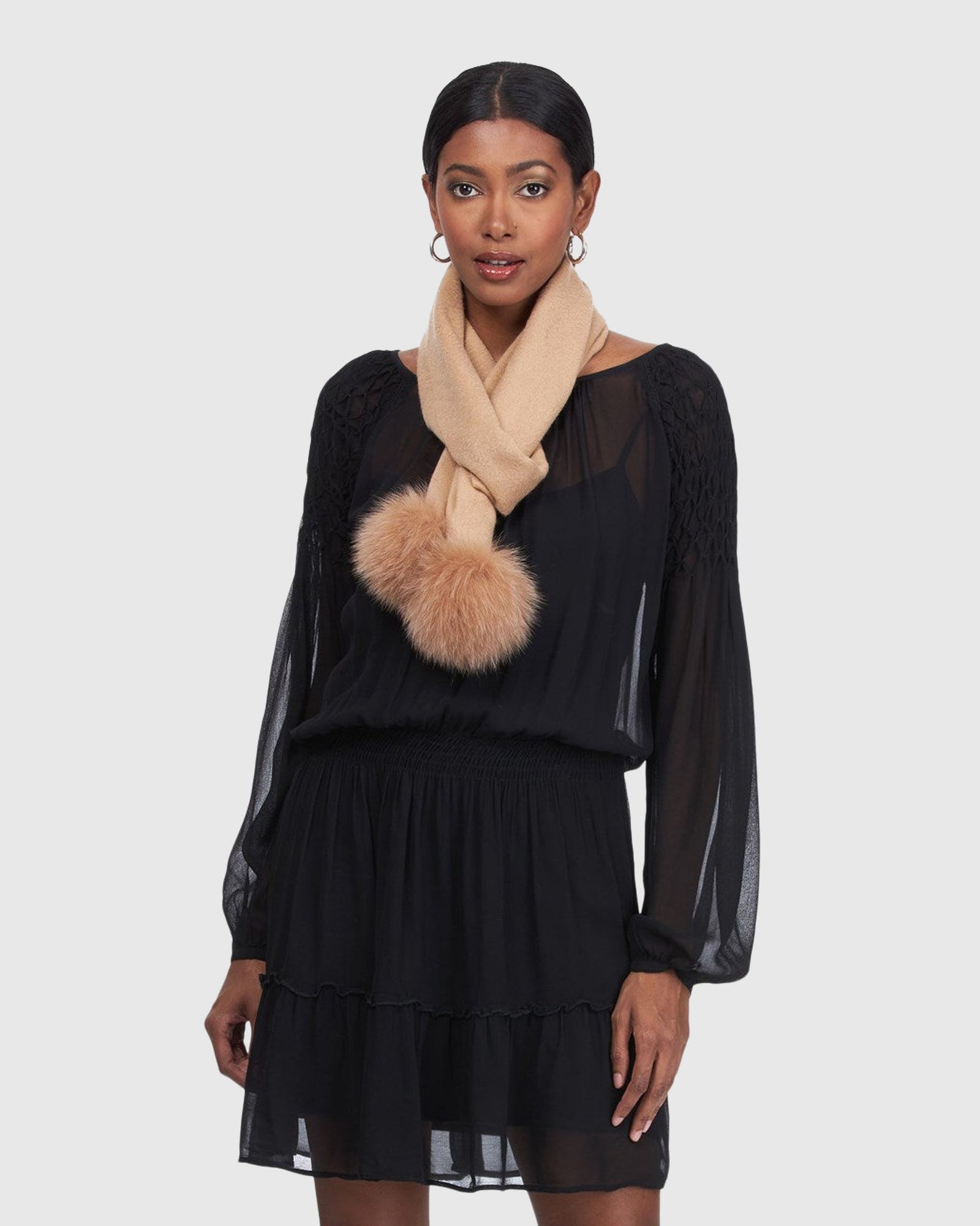 Cashmere Scarf With Fox Pompom | Light Camel