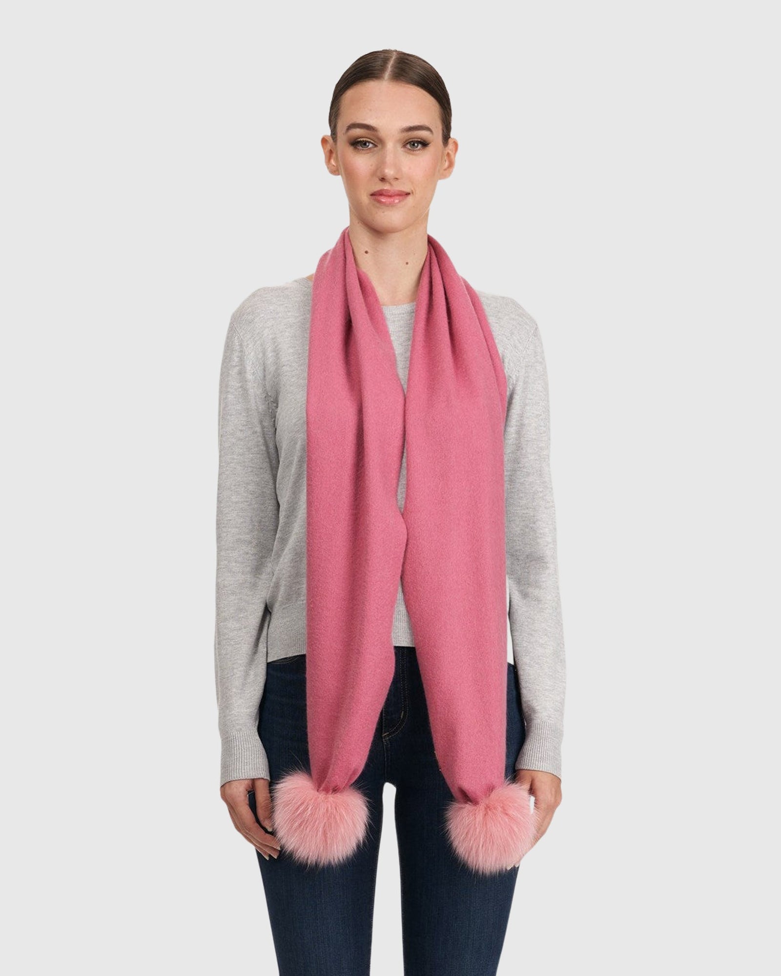 Cashmere Scarf With Fox Pompom | Pink