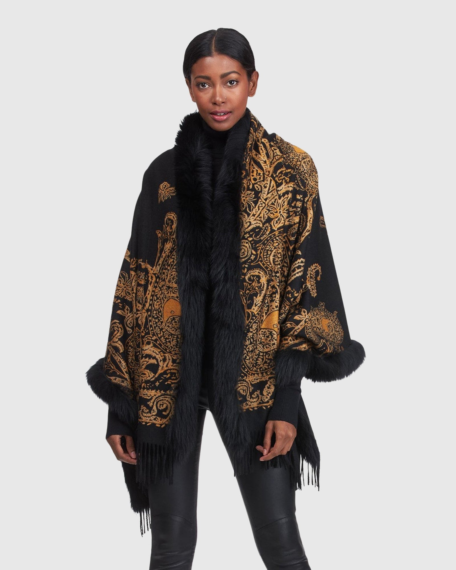 Cashmere Stole With Fox Top And Bottom | Black Gold Paisley