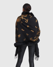 Cashmere Stole With Fox Top And Bottom | Black Gold Paisley