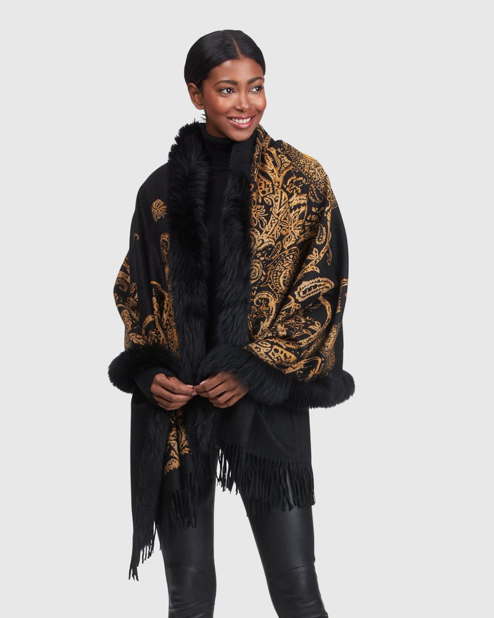 Cashmere Stole With Fox Top And Bottom | Black Gold Paisley
