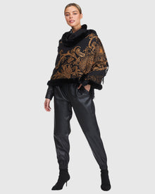 Cashmere Stole With Rex Rabbit Square Top And Bottom | Black Gold Paisley
