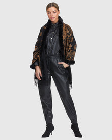 Cashmere Stole With Rex Rabbit Square Top And Bottom | Black Gold Paisley