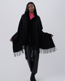 Cashmere Stole With Rex Rabbit Square Trim | Black